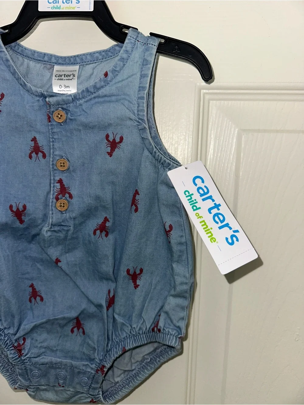 Carter's Light Blue Chambray Romper with Red Lobster Motif